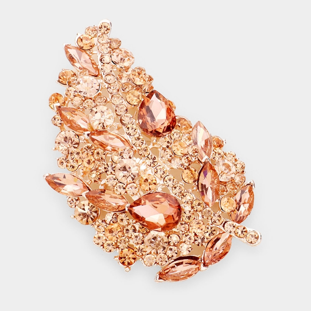 Peach Brooch Glass Crystal Pin Floral Leaf Style Rhinestones Accessory